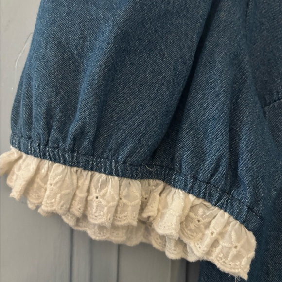 NWT M 100% Cotton Denim Porridge Anthropologie Midi Dress White Cotton Lace Trim - Picture 6 of 9